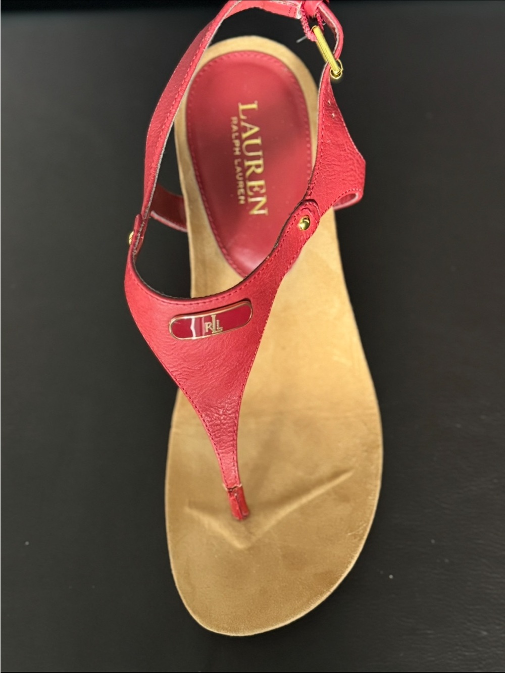 Ralph Lauren Red Leather T-Strap Sandals with Gold Accent
